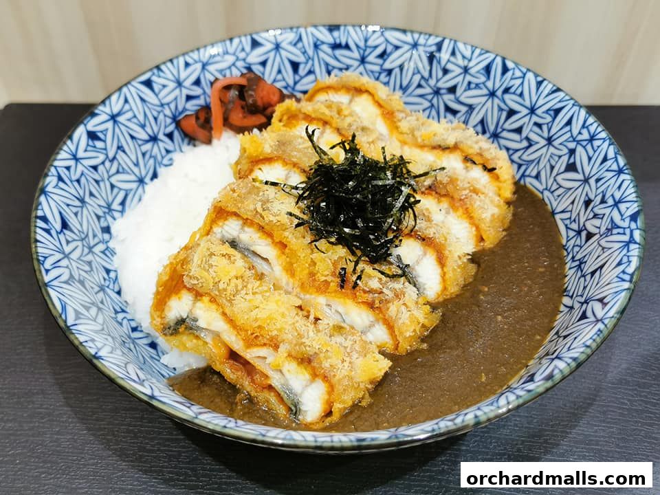 A delicious bowl of rice topped with crispy fried eel and curry sauce.