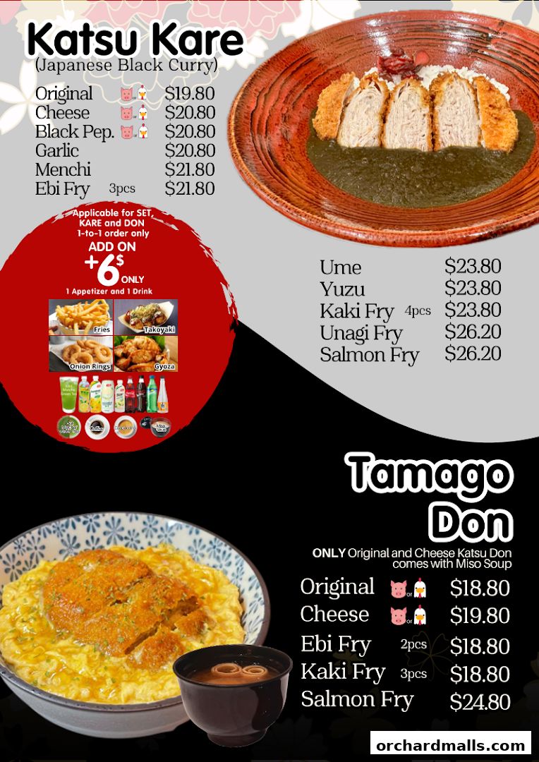 A menu showcasing Katsu Kare and Tamago Don dishes with prices and add-on options.