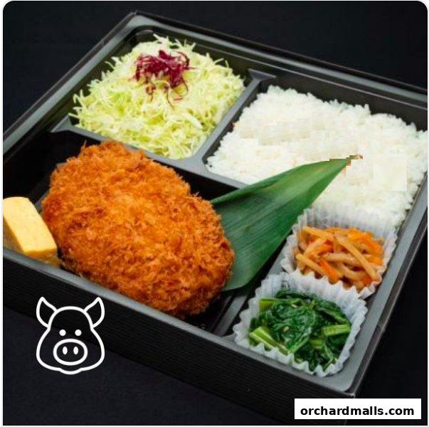 A delicious bento box featuring a crispy cutlet, rice, and assorted side dishes.