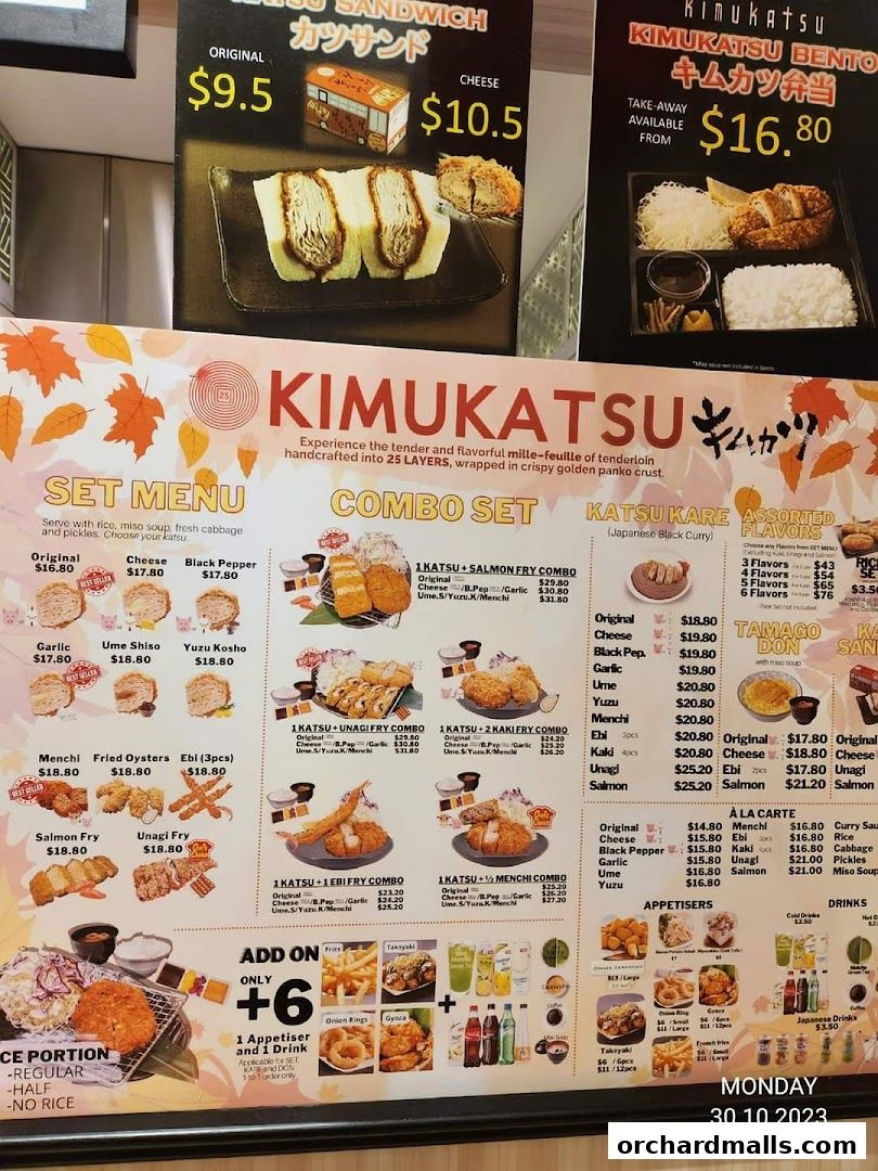 A menu board for Kimukatsu restaurant showcasing various katsu sets, combos, and à la carte options.