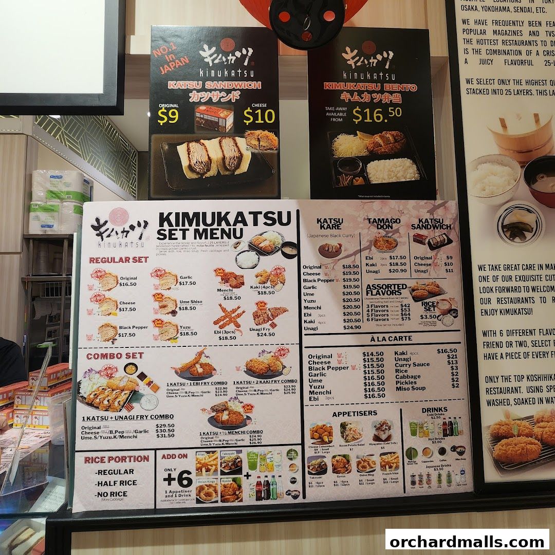A menu board for Kimukatsu restaurant showcasing various katsu sets, combos, and à la carte options.