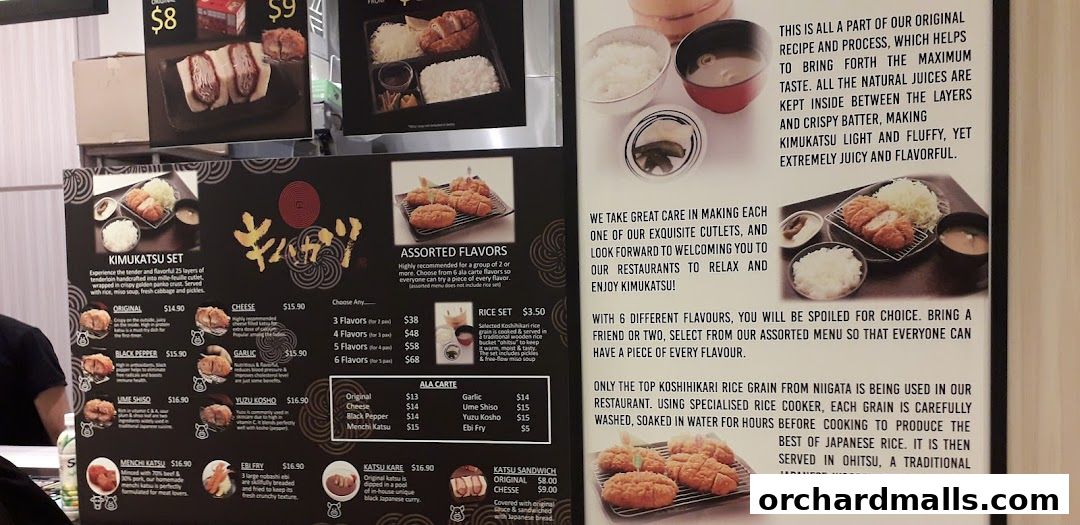 A menu board for Kimukatsu featuring various katsu sets, ala carte options, and sandwiches.