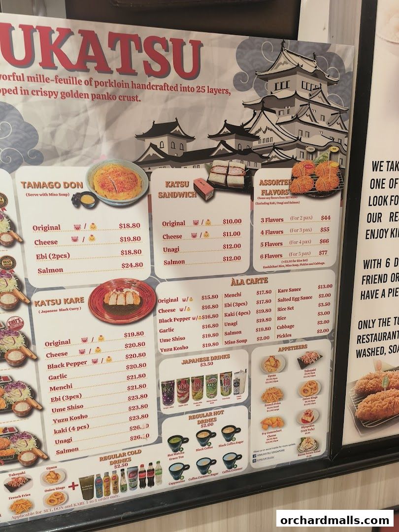 A menu board for Kimukatsu restaurant featuring various katsu dishes, sandwiches, and drinks.