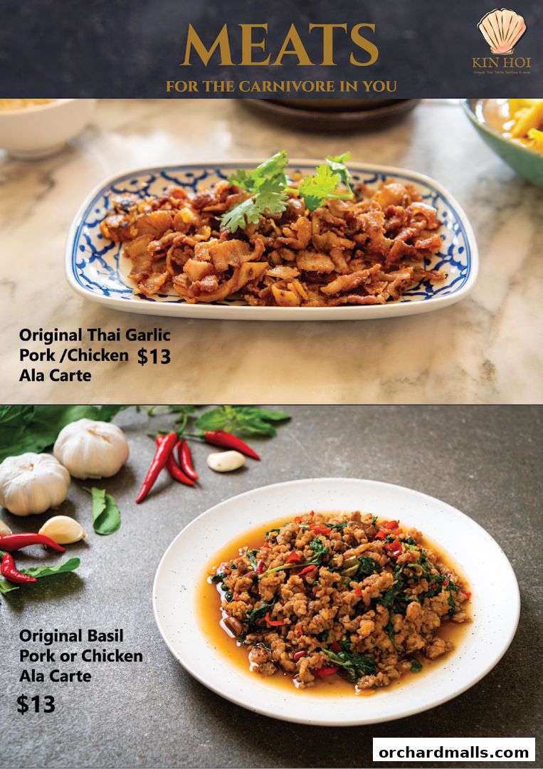 Two delicious Thai meat dishes, Original Thai Garlic Pork/Chicken and Original Basil Pork or Chicken.