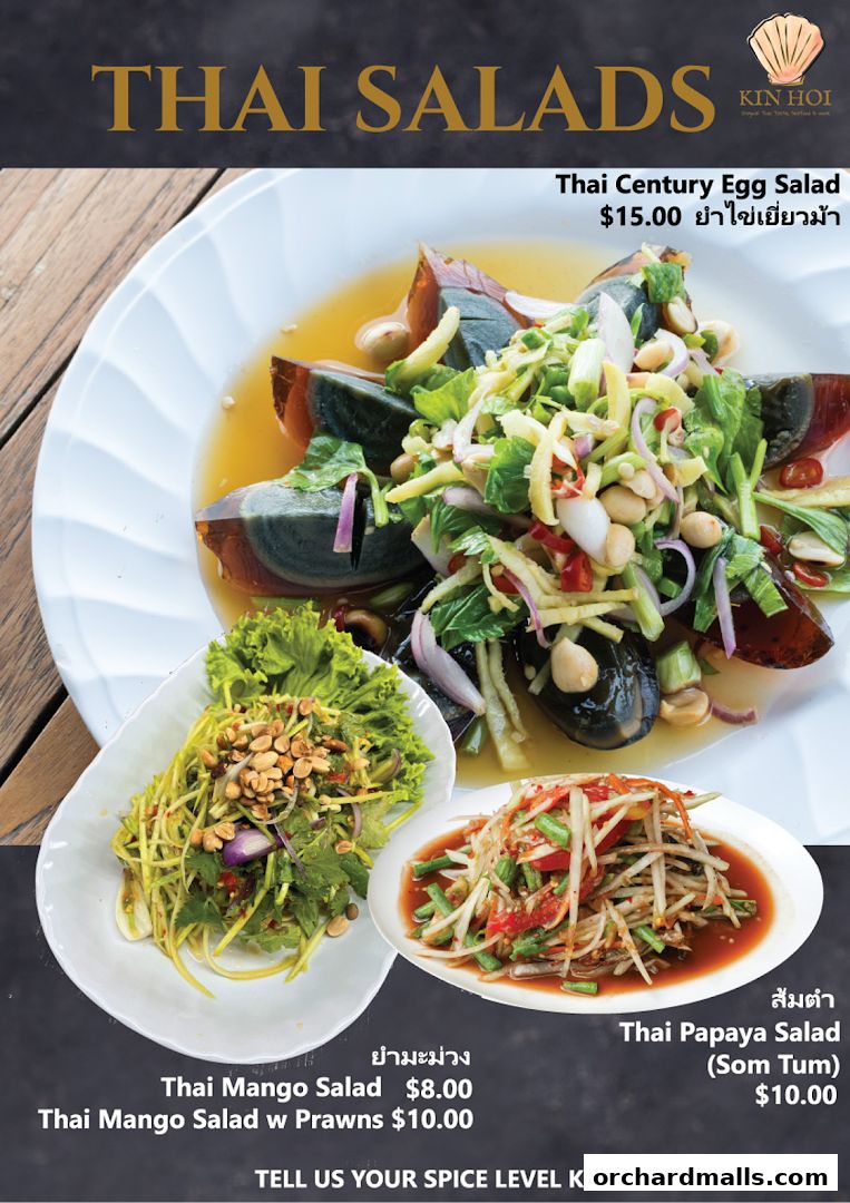 A vibrant menu showcasing three delicious Thai salads with prices and descriptions.