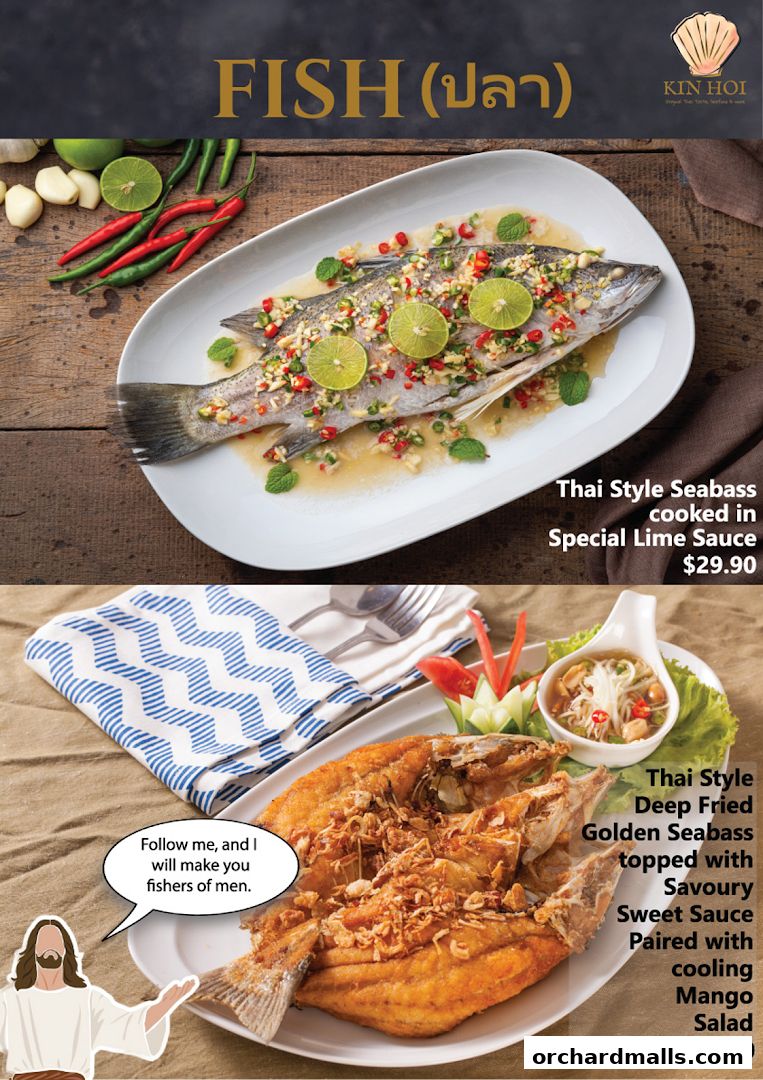 Two Thai-style seabass dishes, one steamed with lime sauce and another deep-fried with mango salad.