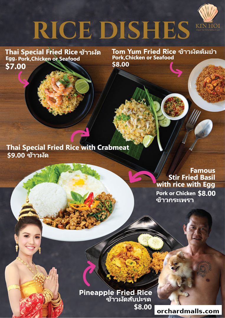 A menu showcasing various Thai rice dishes with prices and enticing images.