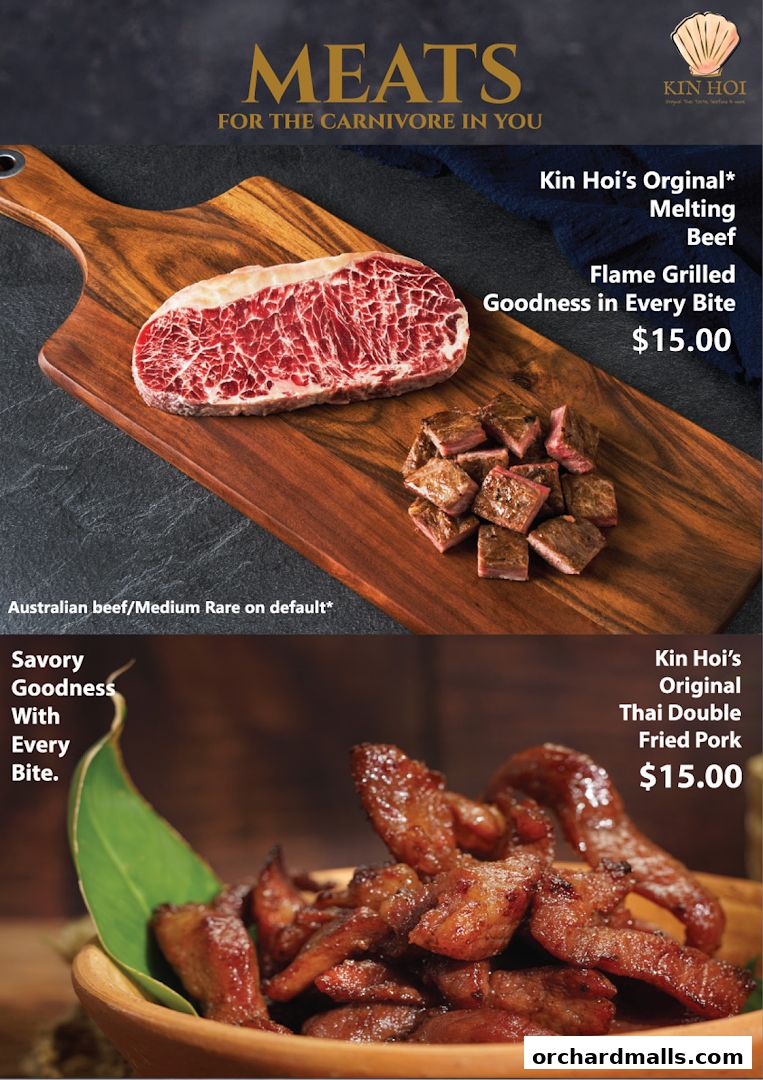 Advertisement for Kin Hoi's Melting Beef and Thai Double Fried Pork dishes.