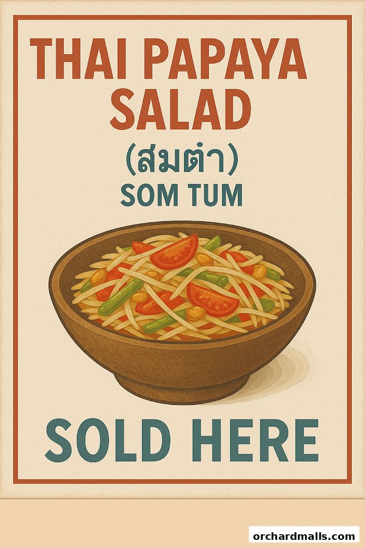 A poster advertising Thai Papaya Salad (Som Tum) with a bowl of the dish.