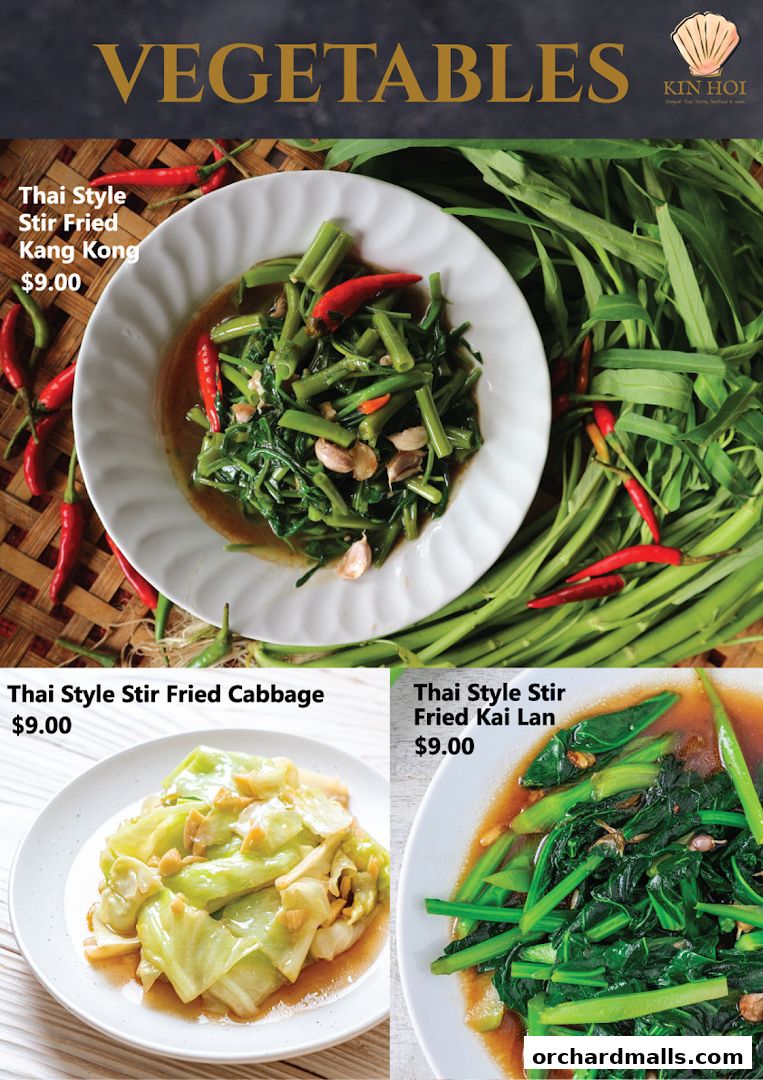 A menu showcasing three Thai-style stir-fried vegetable dishes with prices.