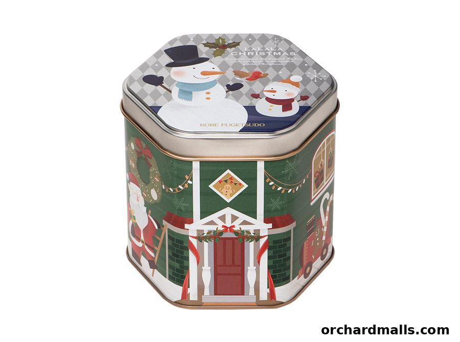 A hexagonal tin with a festive Christmas design featuring snowmen, Santa, and a house.