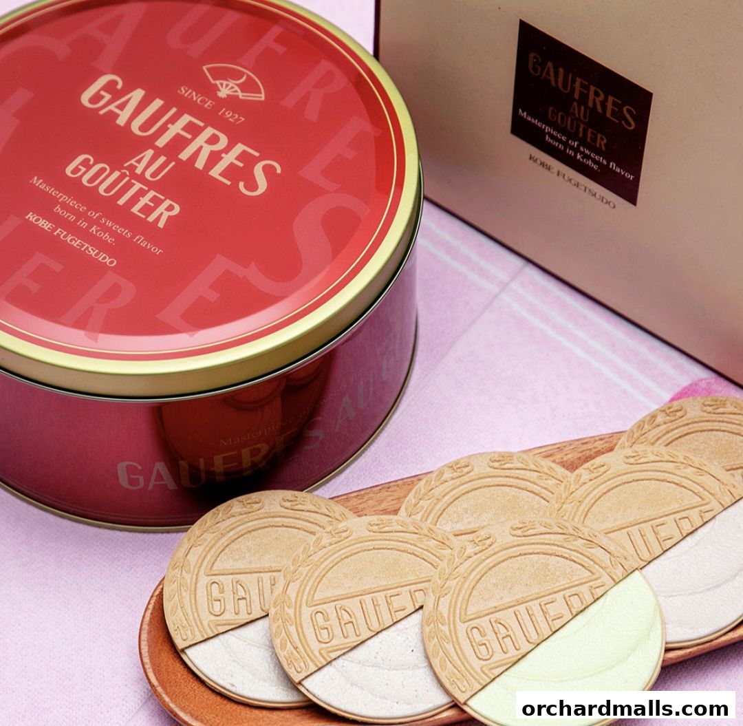 Kobe Fugetsudo's Gaufres Au Gouter cookies in a tin and on a plate.
