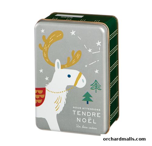 A festive tin featuring a reindeer and Christmas trees, perfect for holiday gifting.