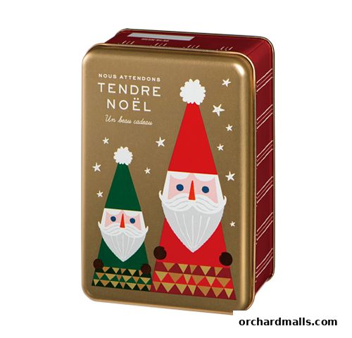 A festive tin featuring Santa Claus designs and holiday greetings.