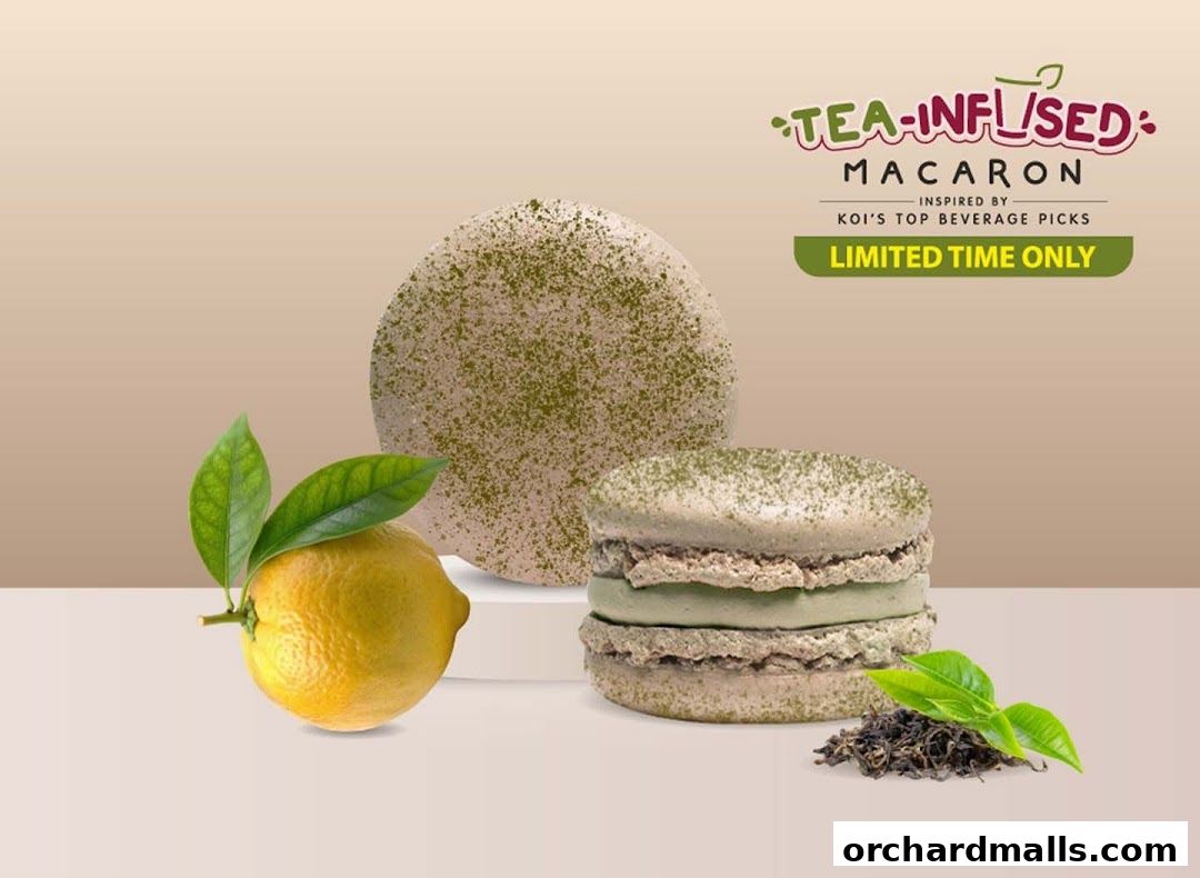 Tea-infused macarons inspired by KOI's beverage picks, featuring lemon and tea leaves.