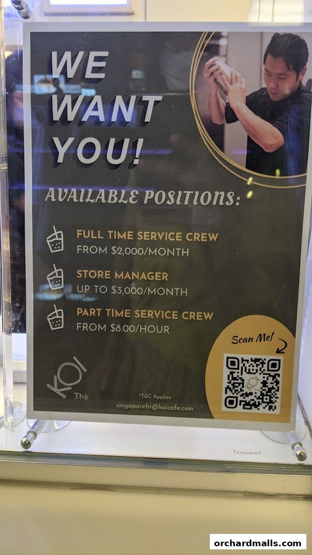 A recruitment poster for KOI Thé Express Takashimaya seeking service crew and store managers.