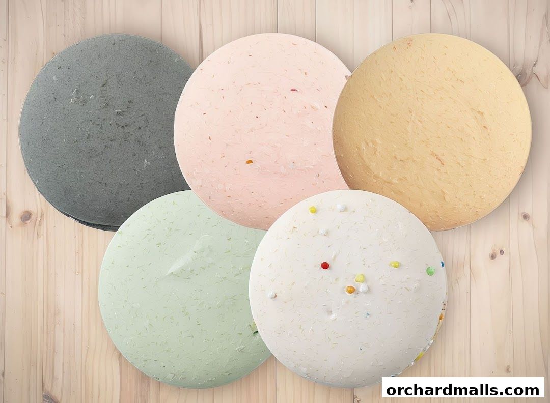 Five colorful, circular dessert-like items arranged on a wooden surface.