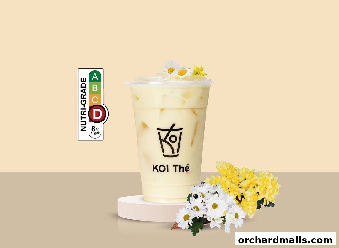 A creamy beverage with flowers and a nutritional grade label.