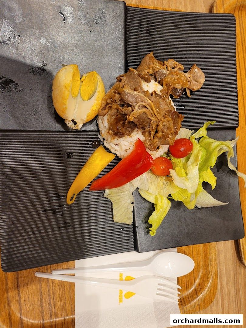 A delicious meal with rice, beef, egg, and salad served on a black plate.