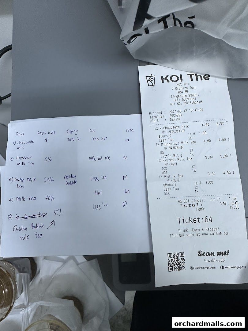A receipt and handwritten order list from KOI Thé, detailing bubble tea orders and customizations.