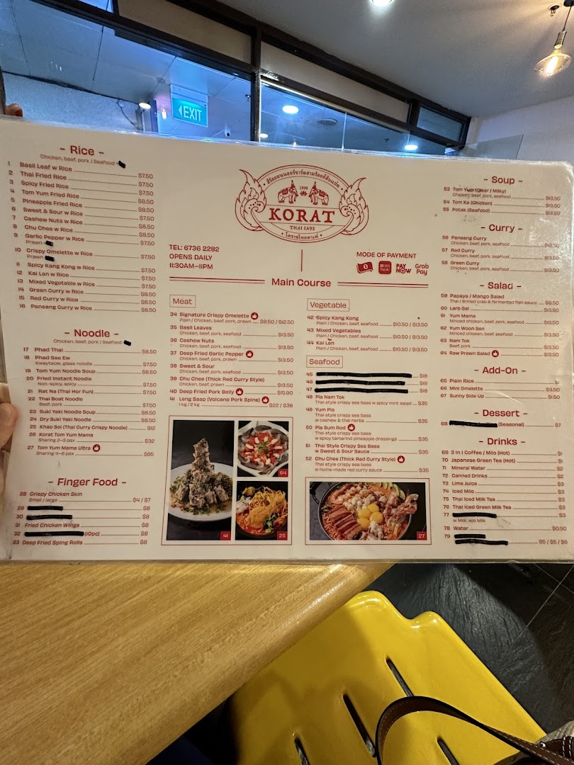 Menu page for Korat Thai Cafe