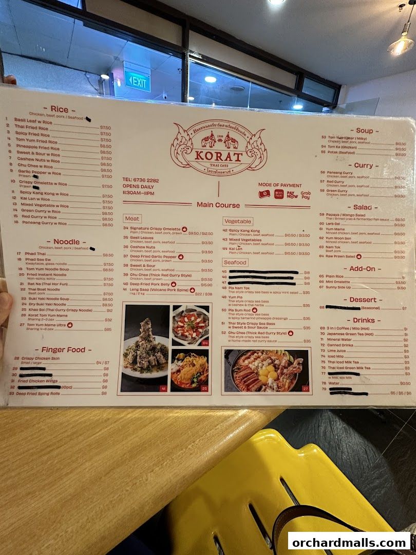 A menu for Korat Thai Cafe with various Thai dishes and drinks listed.