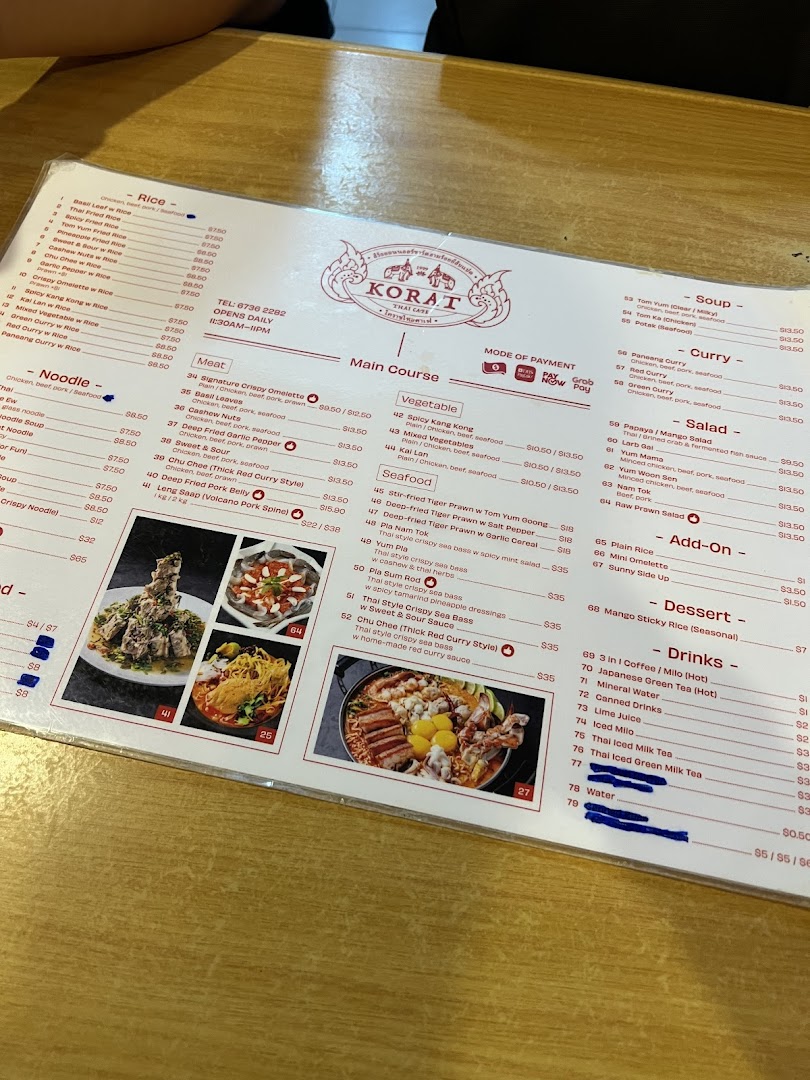 Menu page for Korat Thai Cafe