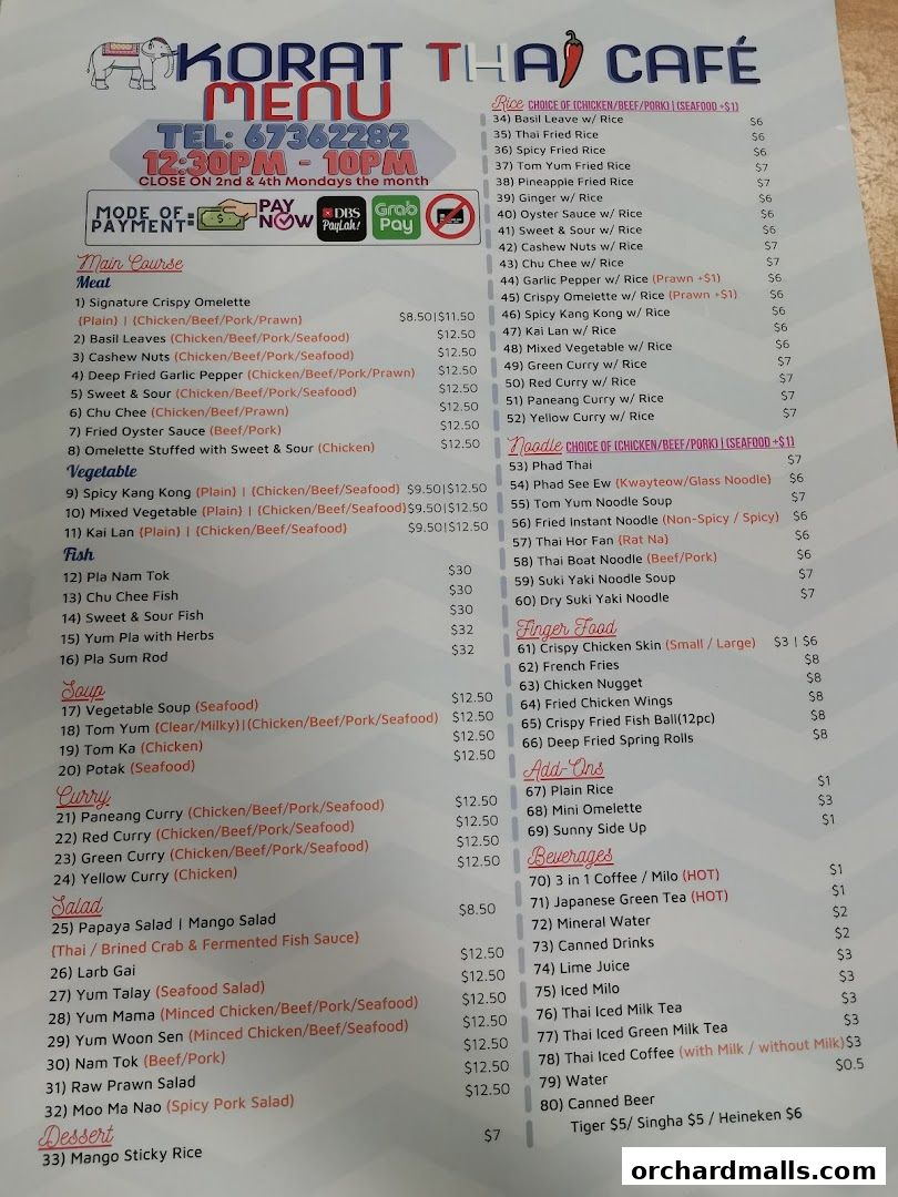 A menu for Korat Thai Cafe, listing main courses, curries, salads, soups, rice dishes, noodles, finger foods, and beverages.