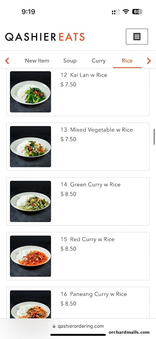 A screenshot of a mobile app displaying a menu with Thai rice dishes and prices.