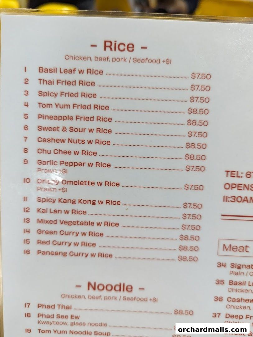A menu from Korat Thai Cafe featuring rice and noodle dishes with prices.