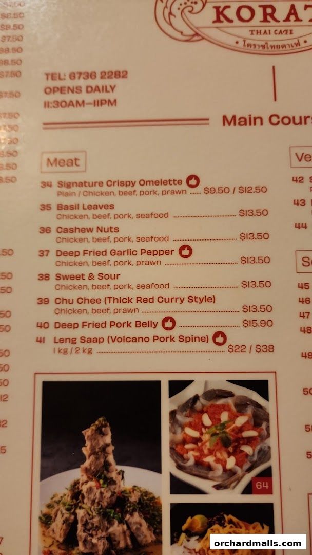 A menu from Korat Thai Cafe featuring main courses like crispy omelette and pork belly.