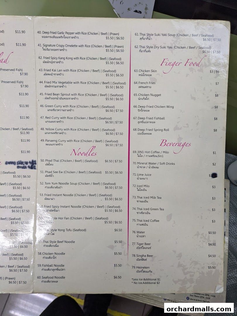 A menu from Korat Thai Cafe with sections for main dishes, finger food, and beverages.