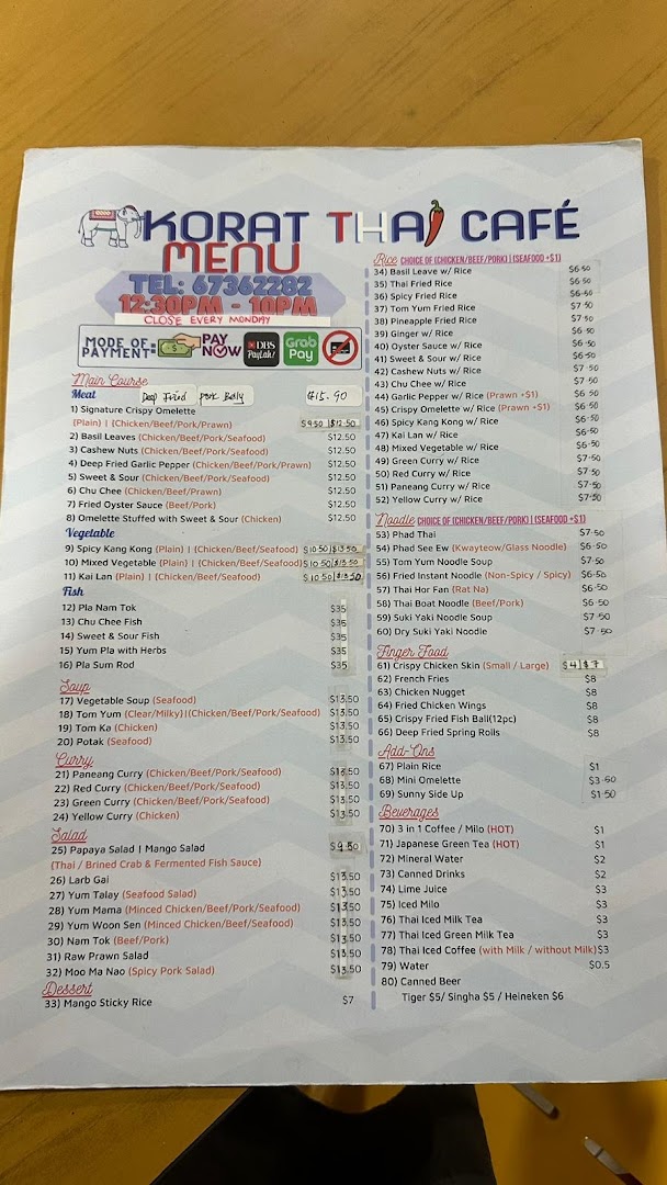Menu page for Korat Thai Cafe