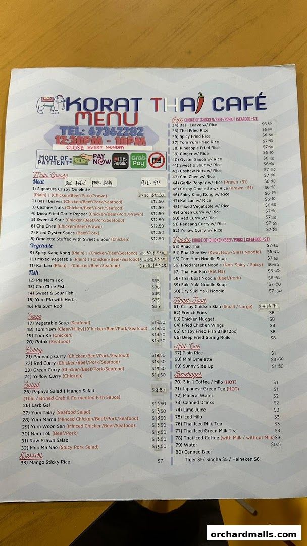 A menu from Korat Thai Cafe lists various Thai dishes, including curries, noodles, and beverages.