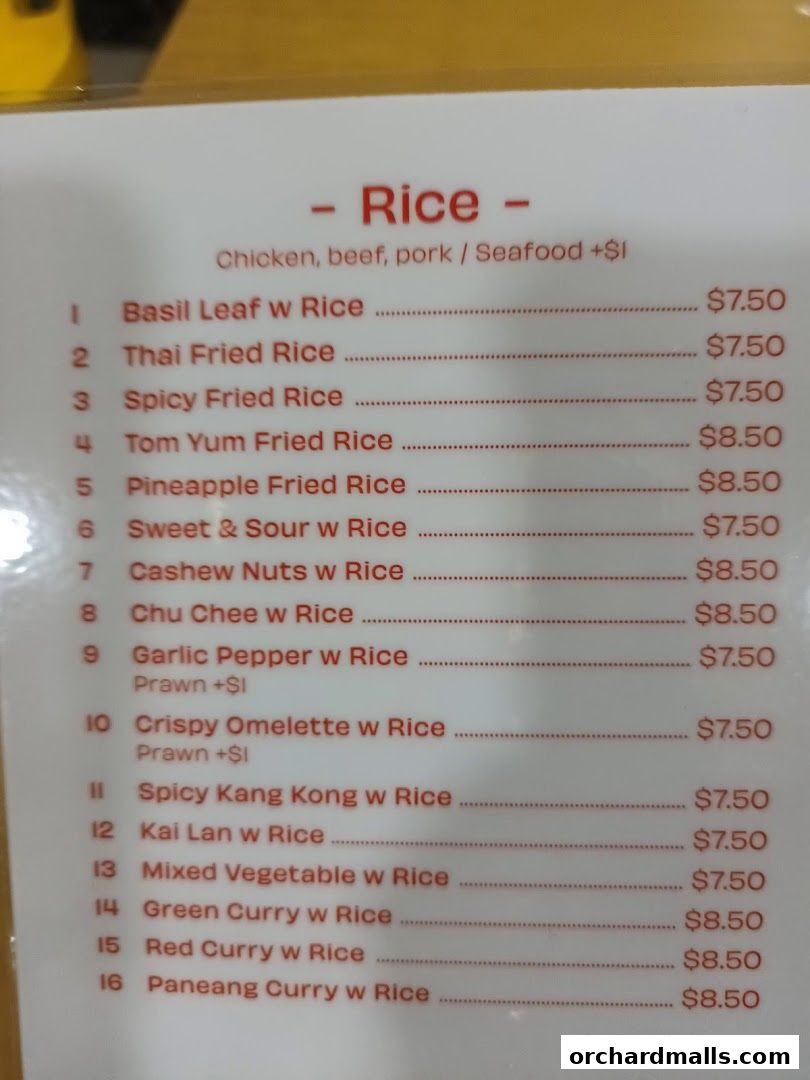A menu section for rice dishes at Korat Thai Cafe, listing various options with prices.