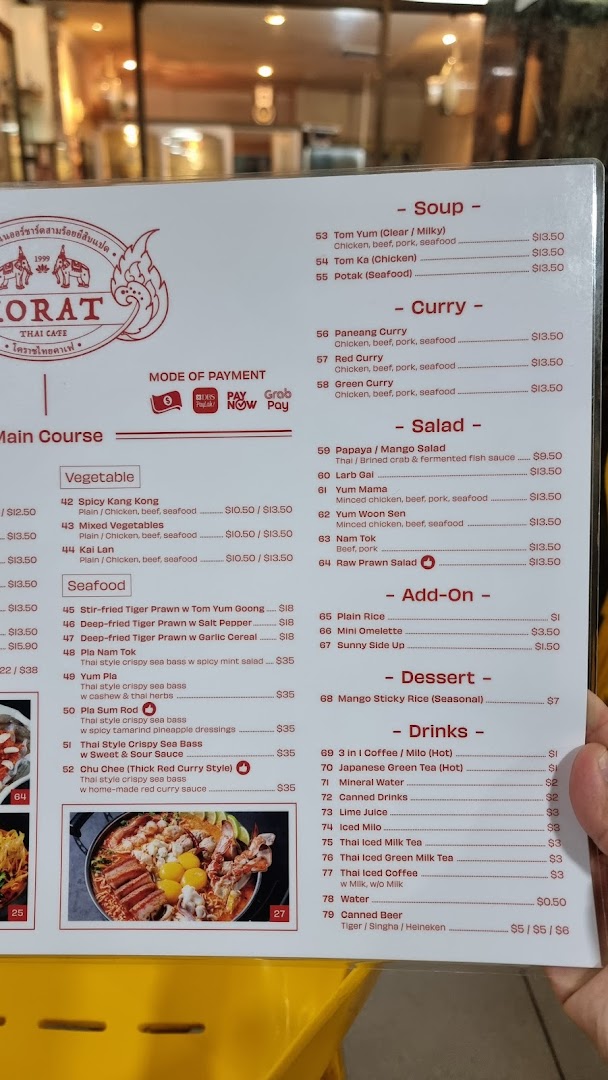 Menu page for Korat Thai Cafe