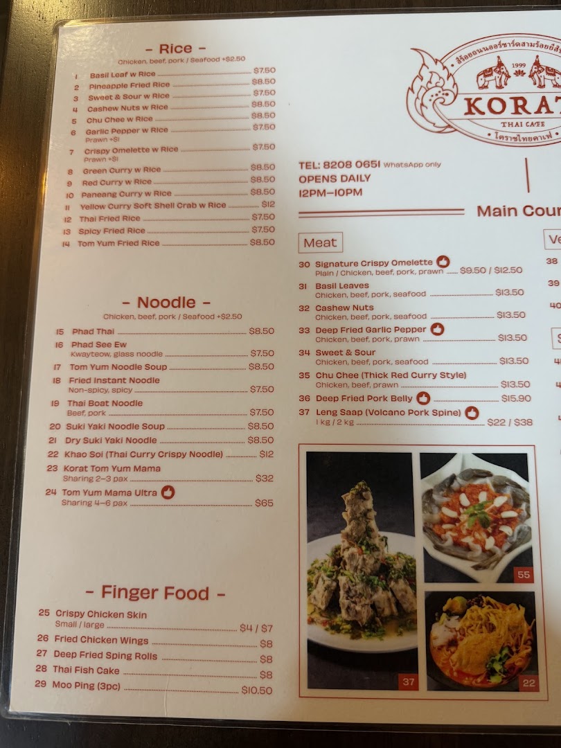 Menu page for Korat Thai Cafe