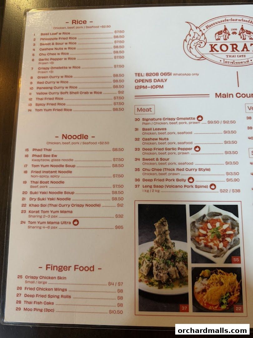 A menu for Korat Thai Cafe featuring rice, noodle, finger food, and meat dishes.