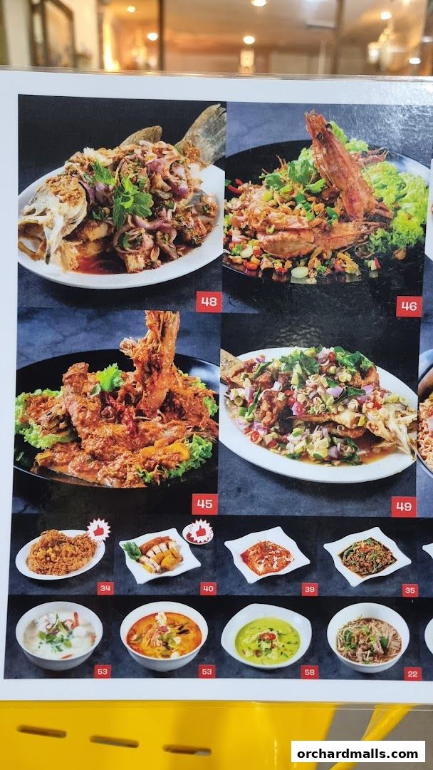 A menu showcasing various Thai dishes with vibrant colors and fresh ingredients.