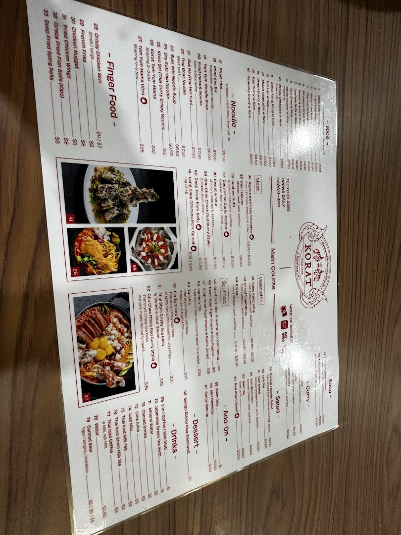 Menu page for Korat Thai Cafe
