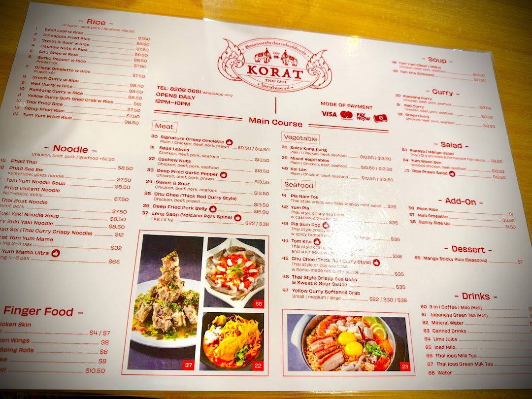 Menu page for Korat Thai Cafe