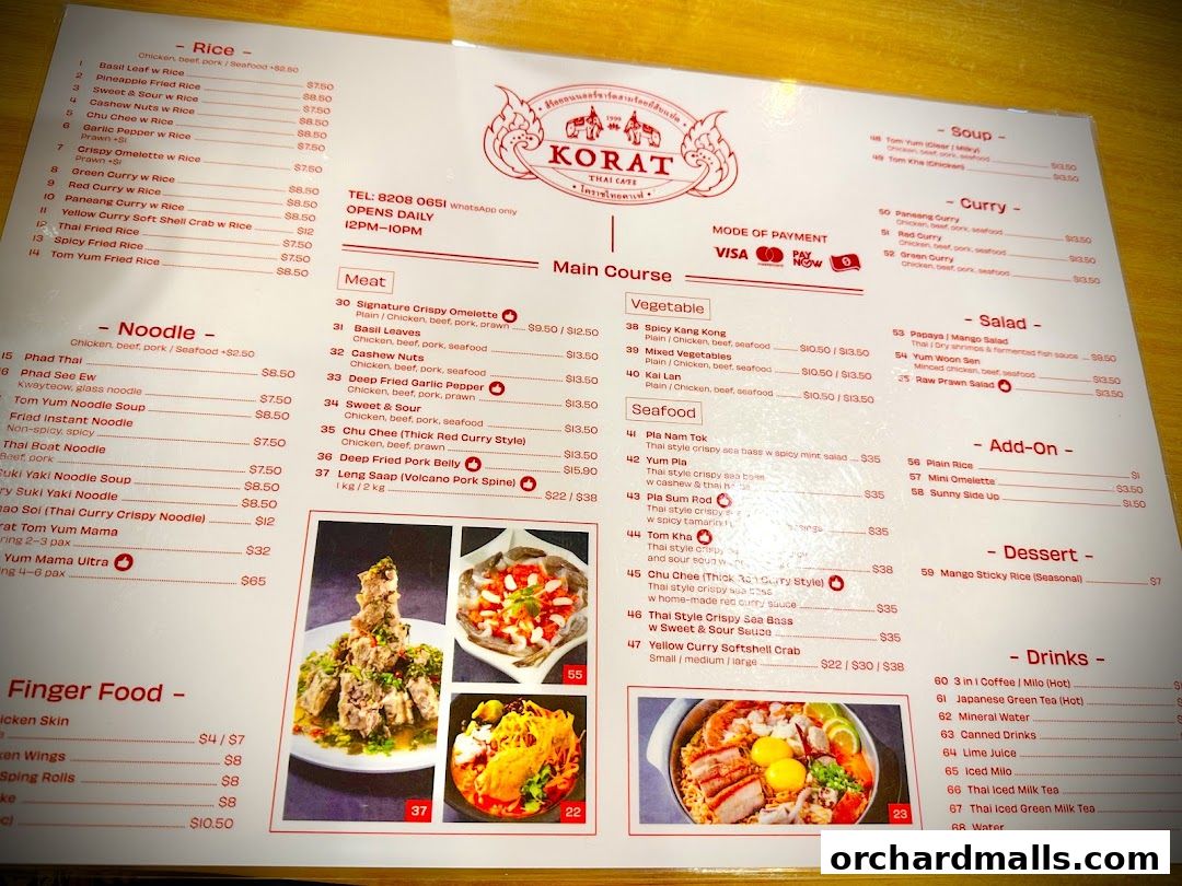 A menu for Korat Thai Cafe with sections for rice, noodles, meat, vegetables, seafood, and drinks.