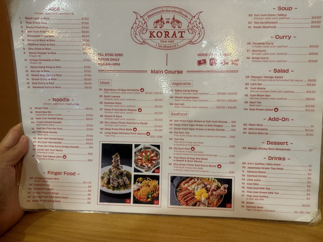 Menu page for Korat Thai Cafe
