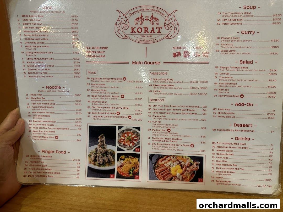 A menu for Korat Thai Cafe with various Thai dishes, including rice, noodles, curries, and drinks.