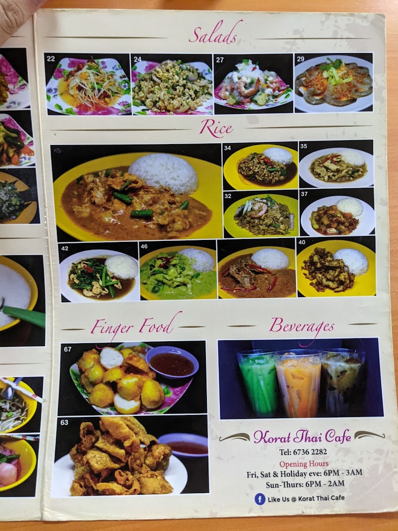 Menu page for Korat Thai Cafe