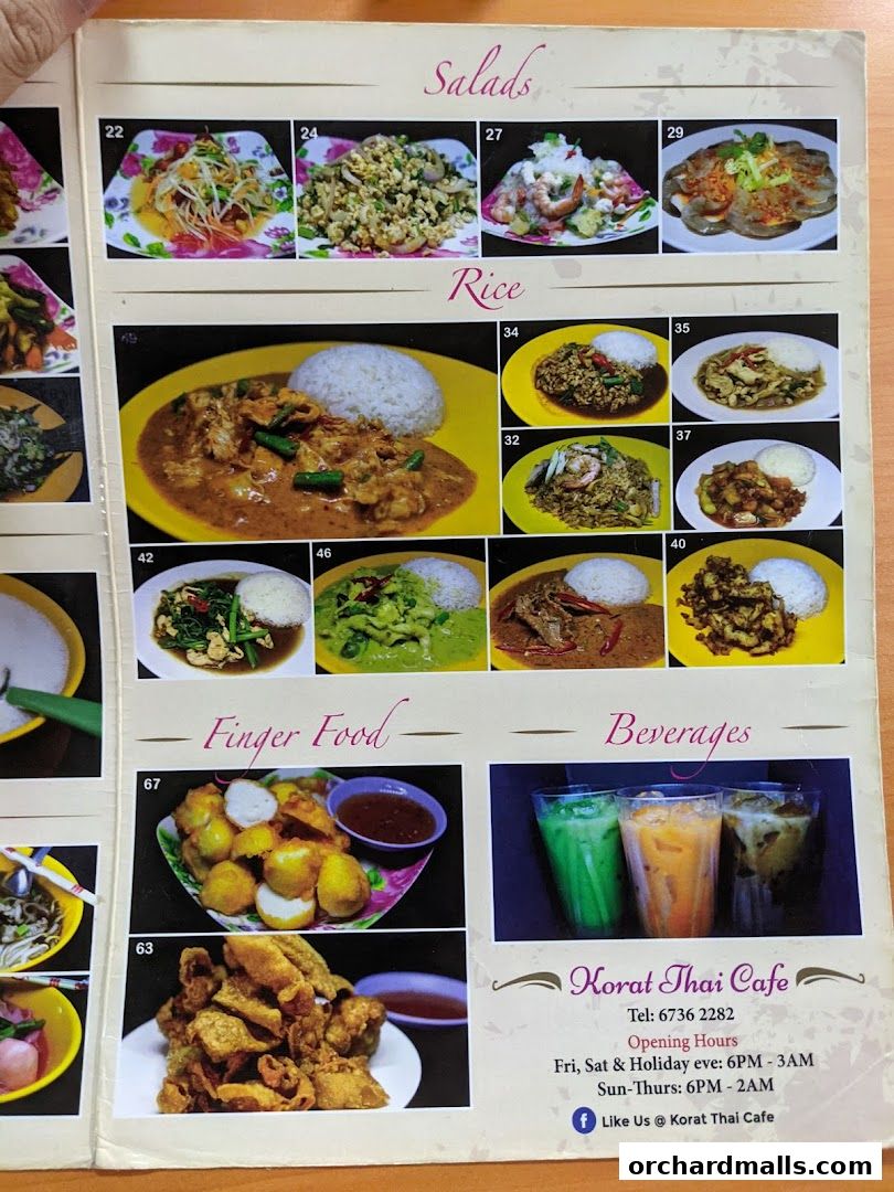 A menu from Korat Thai Cafe showcasing salads, rice dishes, finger food, and beverages.