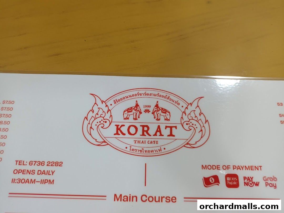 A menu from Korat Thai Cafe showing prices, operating hours, and payment methods.