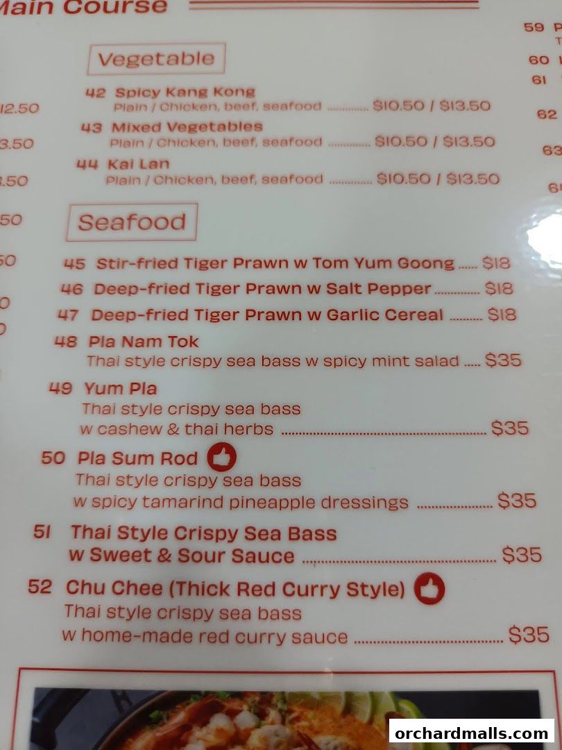 A menu from Korat Thai Cafe featuring main courses like seafood and vegetable dishes.
