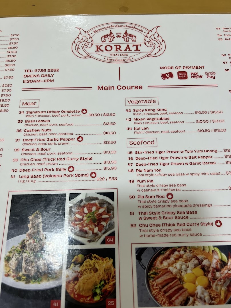 Menu page for Korat Thai Cafe