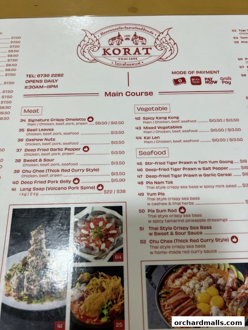 A menu from Korat Thai Cafe featuring main courses like meat, vegetable, and seafood dishes.